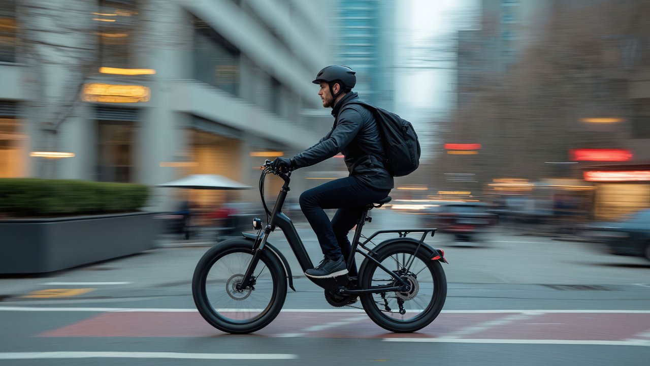 A man wearing a helmet and backpack rides an electric bike through a city street.