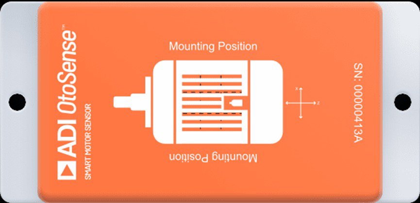 An orange ADI OtoSense smart motor sensor with clear mounting position instructions displayed on its surface