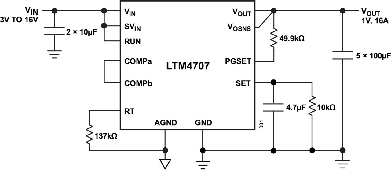A detailed circuit diagram featuring the LTM4707 module at the center. 