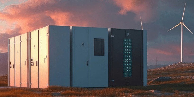 일몰 동안 열린 들판에 설치된 현대적인 에너지 저장 장치, 배경에는 풍력 터빈이 보입니다.