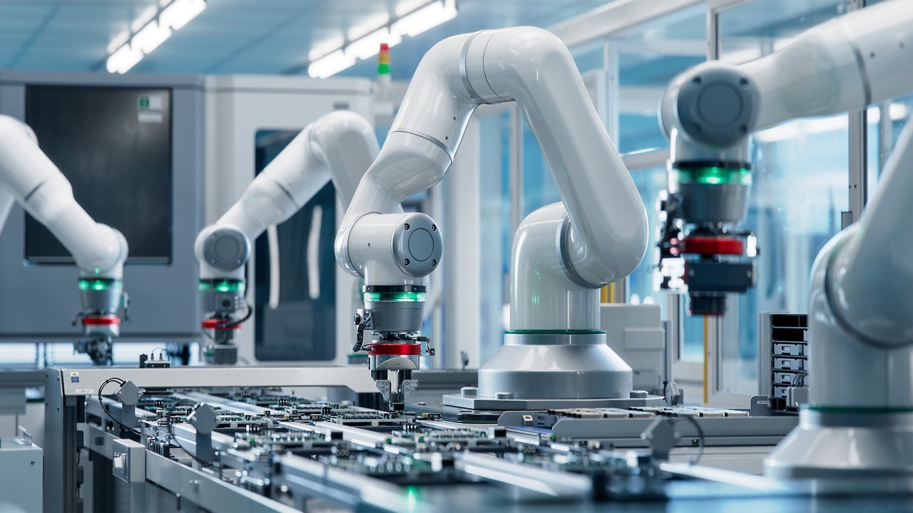 Multiple white robotic arms operate along an automated production line in a modern industrial facility. 