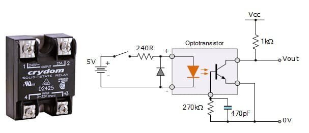 The image shows a Crydom D2425 solid state relay alongside a detailed electronic circuit diagram.