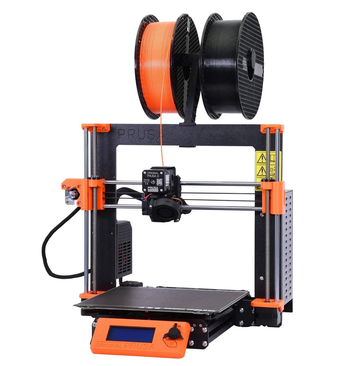 Orange and black 3D printer with spools of orange and black filament.