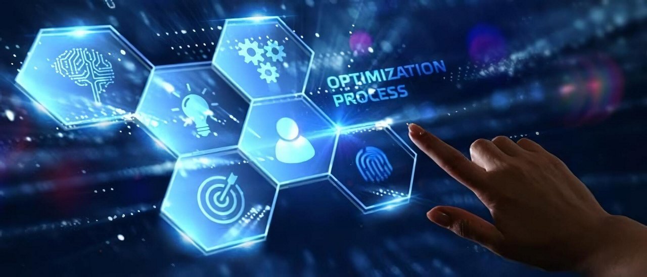 A futuristic digital interface showcasing hexagonal icons related to optimization processes