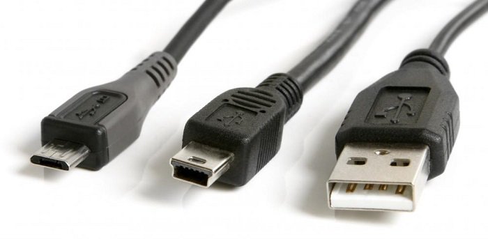 A detailed view of three USB cable connectors, including micro-USB, mini-USB, and standard USB types.