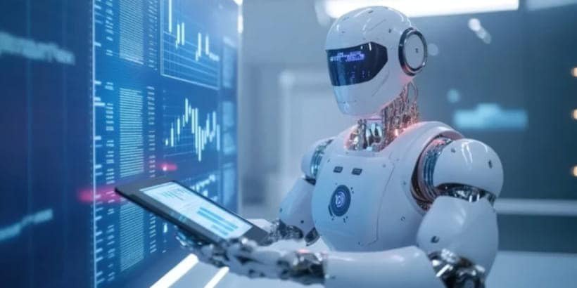 Un robot humanoïde futuriste interagit avec une tablette numérique dans un environnement de haute technologie