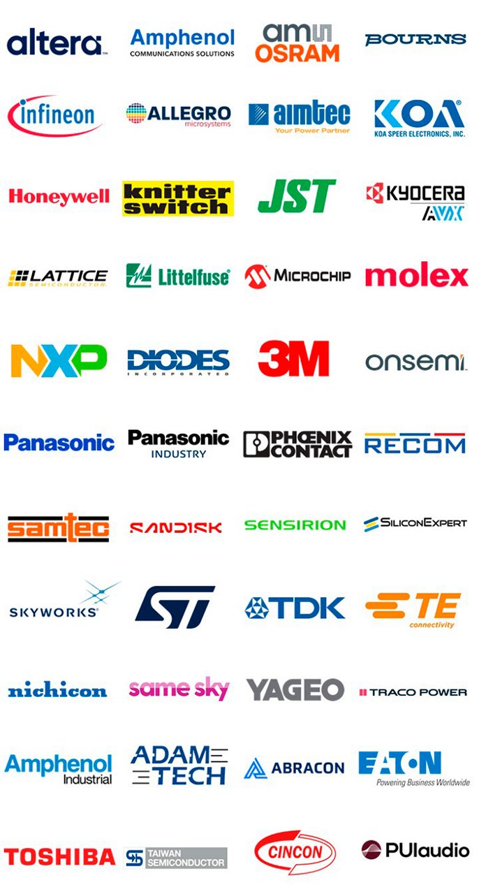 A vertical collage features logos of various electronics and semiconductor companies, each displayed in distinct colors and fonts.