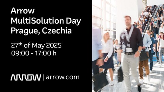 Promotional image for Arrow MultiSolution Day held in Prague, Czechia on May 27, 2025, from 09:00 to 17:00. The setting features a busy conference environment with attendees walking through a bright, modern venue.