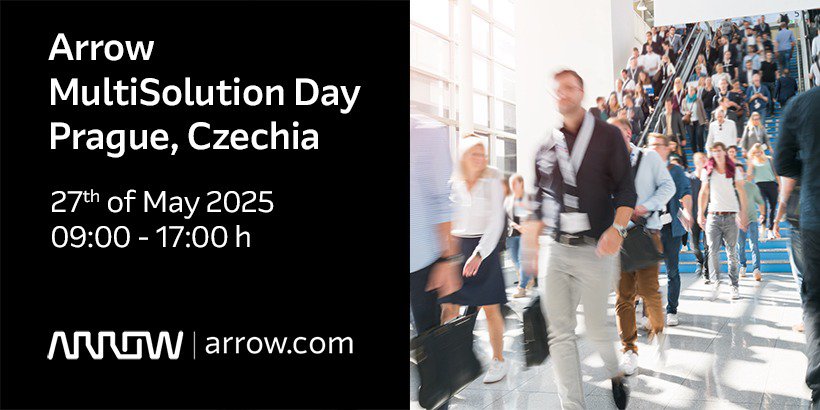 Promotional image for Arrow MultiSolution Day held in Prague, Czechia on May 27, 2025, from 09:00 to 17:00. The setting features a busy conference environment with attendees walking through a bright, modern venue.
