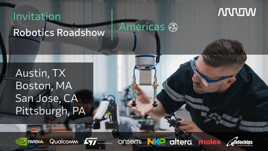 A promotional banner invites viewers to a robotics roadshow event in the Americas. 