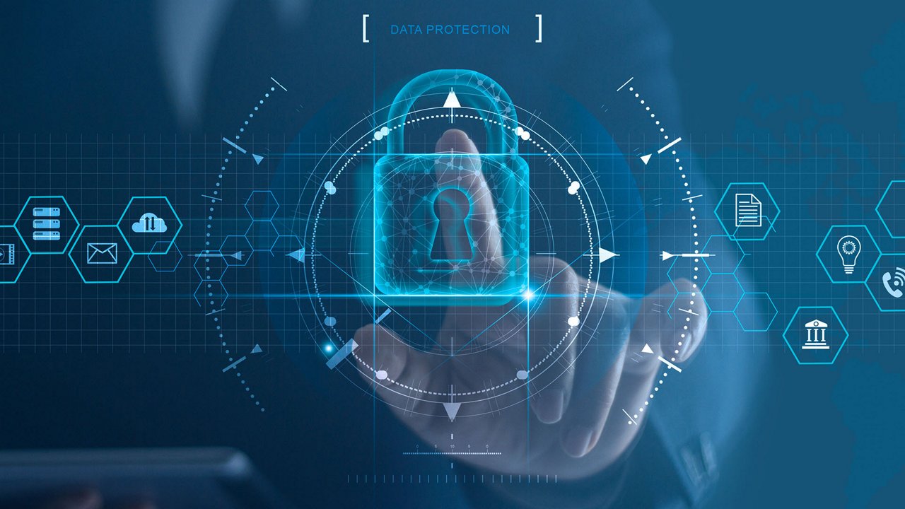 A glowing lock icon is prominently displayed in a futuristic digital interface, symbolizing data protection.