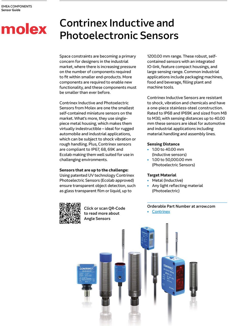 Molex Contrinex inductive and photoelectric sensors are compact solutions designed for industrial applications.