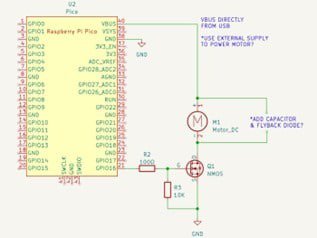 This schematic diagram features a Raspberry Pi Pico microcontroller connected to a simple DC motor driver circuit.