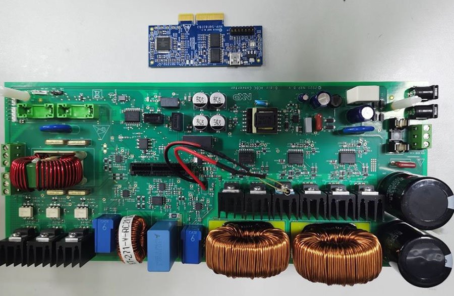 A detailed view of an electronic circuit board featuring various components, including capacitors, inductors, and connectors. 