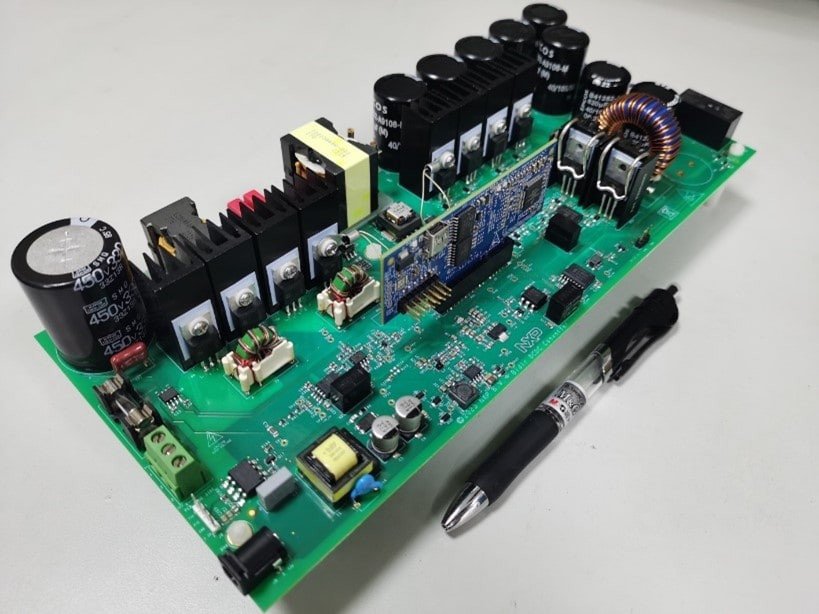 A detailed view of an electronic circuit board featuring capacitors, resistors, and other components.
