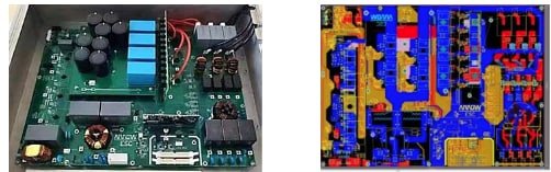 Two images showcasing electronic circuit boards. The first image displays a green circuit board with capacitors, relays, and connectors in a hardware setup. The second image features a colorful PCB layout design with blue, red, and yellow traces.