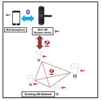 A schematic diagram illustrating the integration of a BLE smartphone with a Zigbee network via a BLE/ZB dynamic device. 