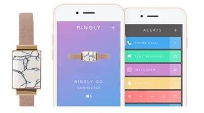 A stylish Ringly smart bracelet featuring a marble-patterned stone and gold accents is displayed alongside two smartphones