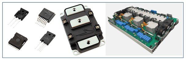 A collection of electronic components including transistors and a power module assembly. 