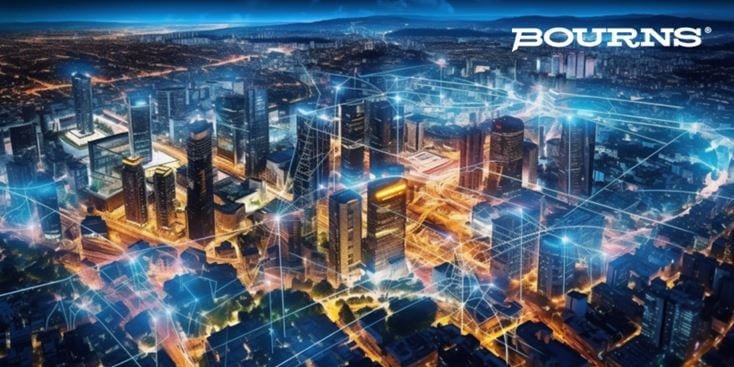 Futuristic cityscape with Bourns logo
