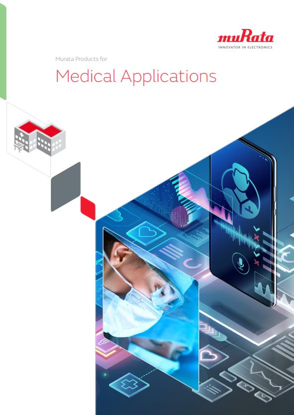 A cover design for Murata products focused on medical applications. The visual highlights a futuristic digital healthcare interface, including icons for heart rate, medical cross, and a smartphone displaying a health profile.