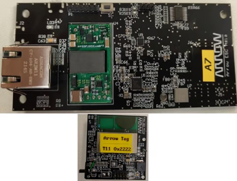 A close-up of an Arrow A7 electronic circuit board featuring an Ethernet port and various integrated circuits.