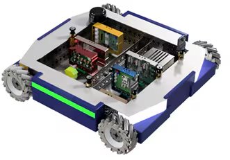 A compact, wheeled robotic platform is shown with its top cover removed, revealing multiple circuit boards and electronic components. The robot features omnidirectional wheels and a sturdy, metallic frame with blue and green accents.
