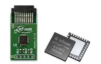 The image shows an Infineon OPTIGA TPM SLB 9672 security chip alongside a green circuit board module labeled 'Xenon_4.1.0.'