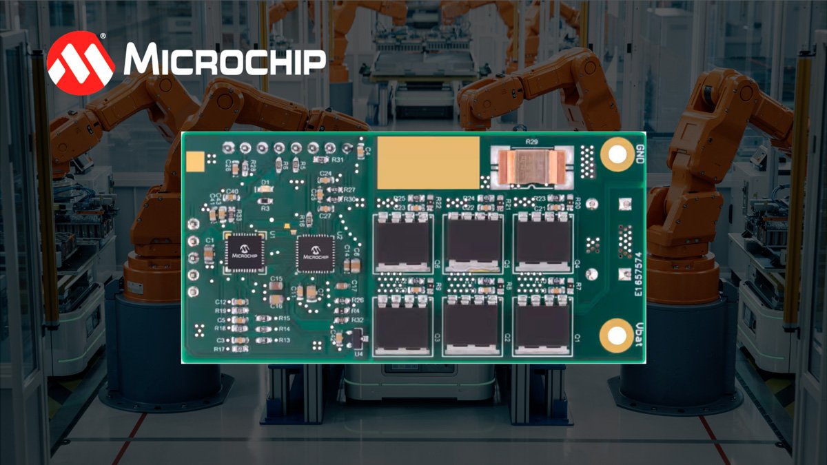 A detailed electronic circuit board is displayed prominently in front of an automated factory environment. 