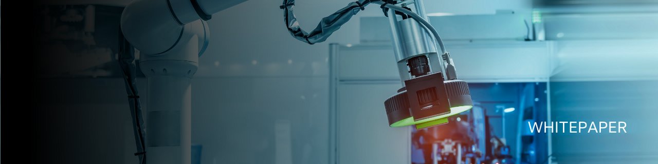A robotic arm equipped with a sensor or camera hovers over industrial equipment in a modern factory environment. 