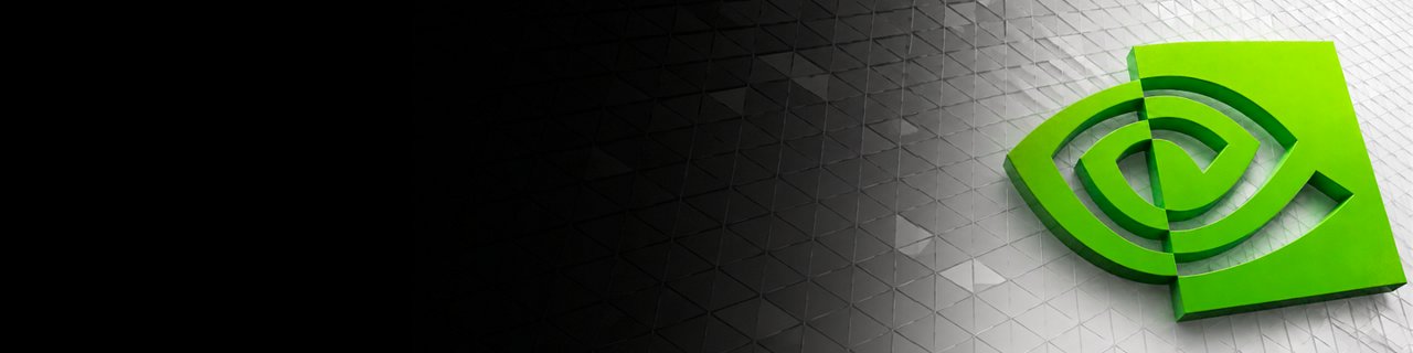 The image features a bright green NVIDIA emblem positioned on the right side against a metallic, grid-like surface. 