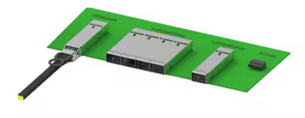 The image displays several network transceiver modules arranged on a green circuit board. The modules vary in size and port configuration, with metallic casings and visible connector interfaces. One transceiver is attached to a cable, while others are standalone.
