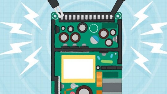 A stylized illustration features a green circuit board with various electronic components and connectors.