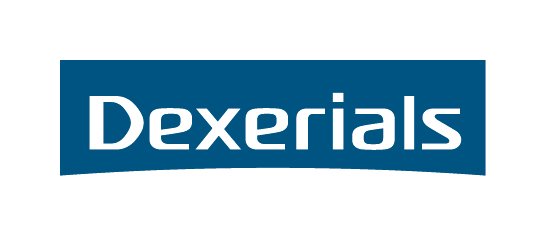 The image features the word "Dexerials" in white text centered within a solid blue rectangular banner. 