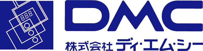 Blue and white graphic featuring the bold letters DMC alongside Japanese text. 