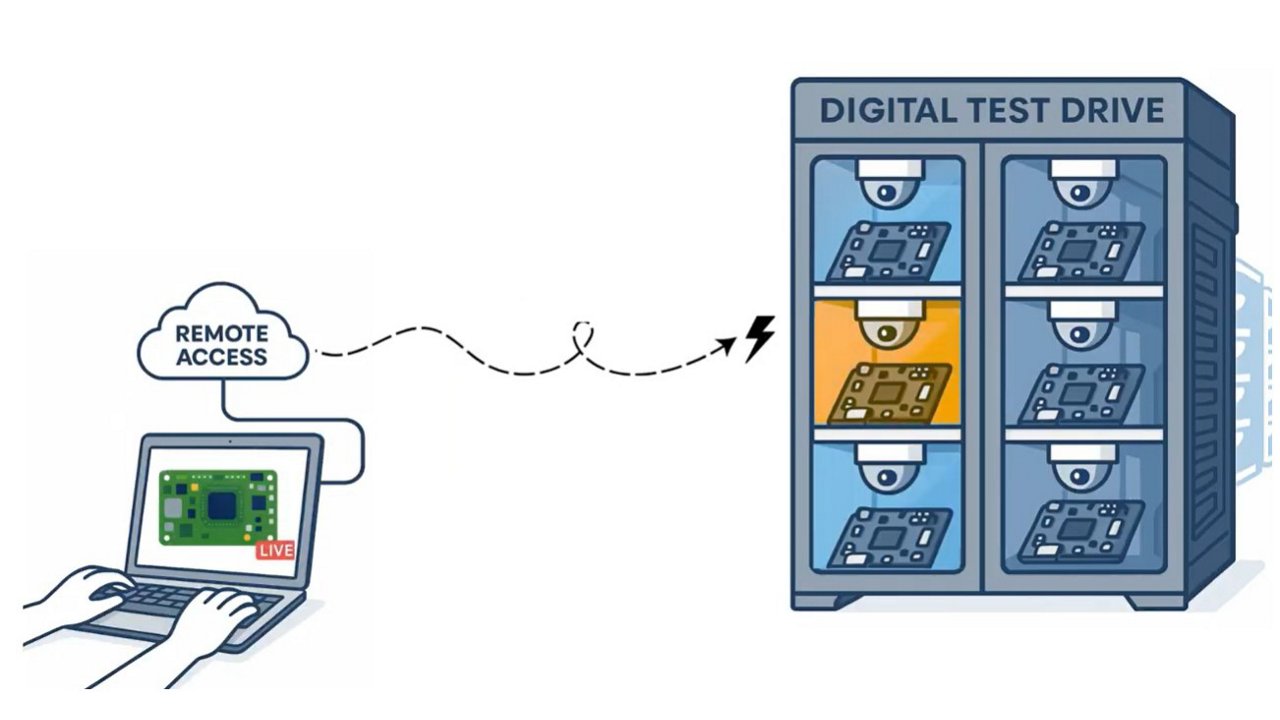 Illustration shows a person remotely accessing a hardware test drive system from a laptop. 