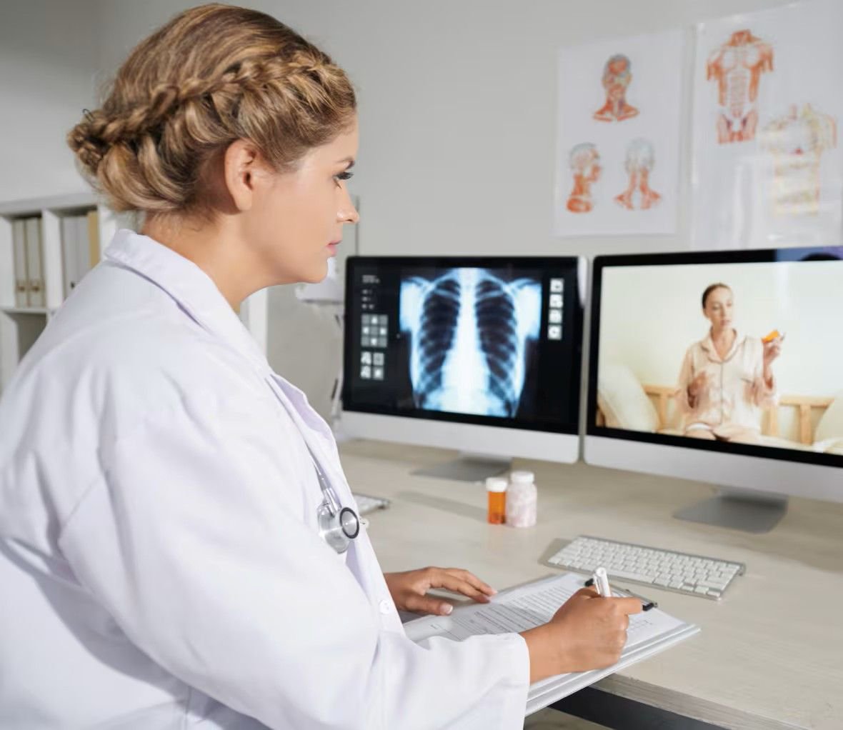 A female doctor in a white coat sits at a desk, taking notes during a telemedicine video call with a patient.