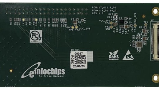 오른쪽에 커넥터가 있고 'PCB 17_09116_01' 및 '20/02/23'와 같은 다양한 인쇄된 라벨이 포함된 녹색 전자 회로 기판.