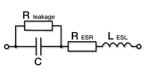 A schematic representation of an electrical circuit featuring labeled components including R leakage, R ESR, C, and L ESL. 