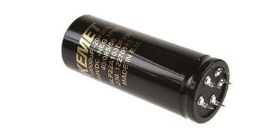 A black Kemet capacitor featuring gold text detailing its specifications. 
