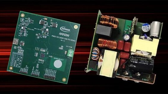 이미지는 두 개의 전자 부품을 보여줍니다: 녹색 인쇄 회로 기판과 오픈 프레임 전원 공급 장치 모듈. 회로 기판에는 Infineon 로고와 'PMA1200-20HS DEMO USB PMBUS'를 포함한 텍스트가 보입니다. 전원 공급 장치 모듈은 캐패시터, 코일, 트랜스포머와 같은 다양한 전자 부품을 보여줍니다.