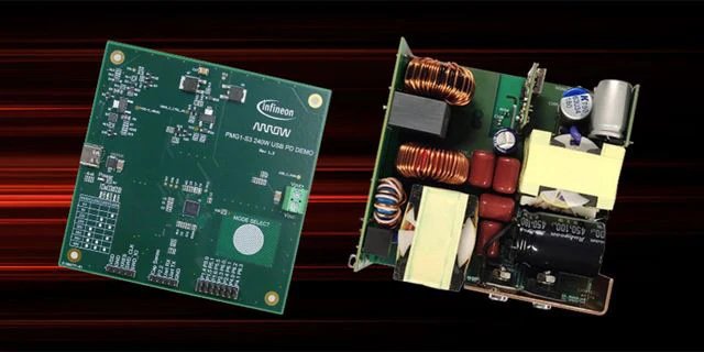 The image shows two electronic components: a green printed circuit board and an open-frame power supply module. The circuit board features the Infineon logo and visible text including 'PMA1200-20HS DEMO USB PMBUS.' The power supply module displays various electronic components such as capacitors, coils, and transformers.