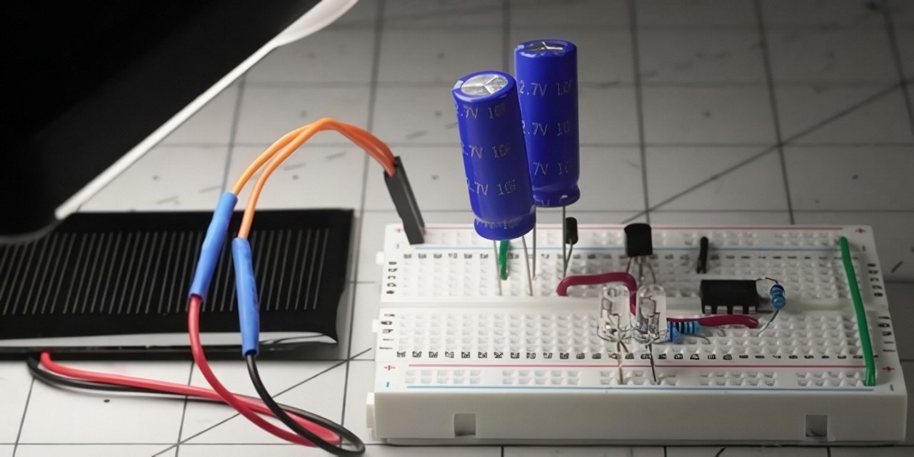 Vista ravvicinata di un setup su breadboard elettronica con due condensatori blu contrassegnati con '2.7V 1.5F'