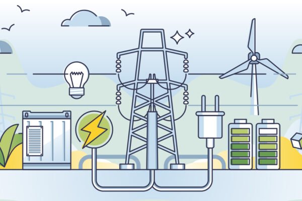 Illustrazione dell'infrastruttura energetica con una torre di trasmissione elettrica, una turbina eolica e batterie