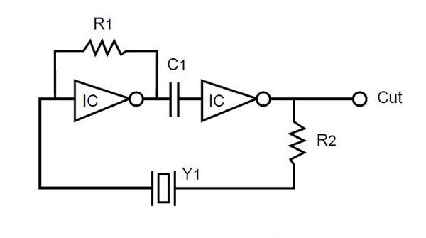 Electronic circuit diagram showing an integrated circuit (IC), resistors (R1, R2), capacitors (C1), and output labeled "Cut".