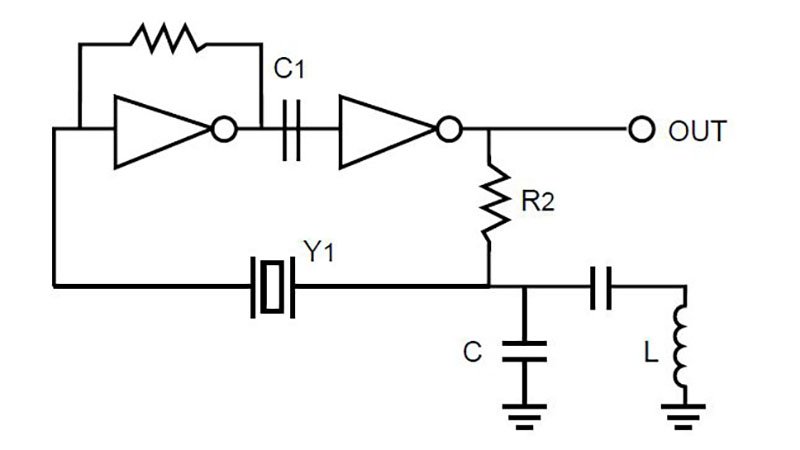 Electronic circuit diagram showing components like capacitors (C1), resistors (R2), an inductor (L), and a transistor, with input and output terminals.