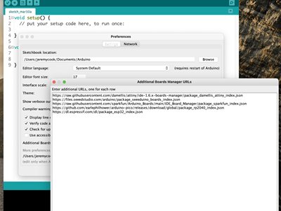 Arduino IDE Preferences window showing the Additional Boards Manager URLs field used to install ESP32 board support.