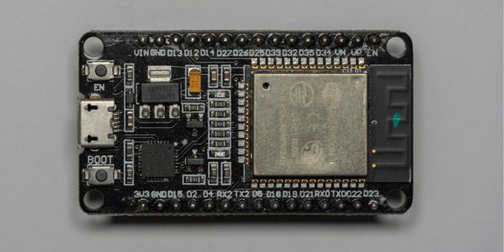 Top view of an ESP32 development board showing the ESP32 module, USB connector, onboard buttons, and labeled pin headers on a gray background.