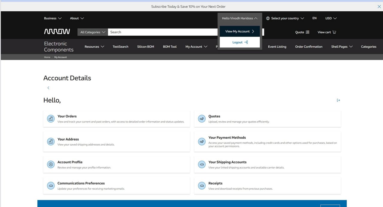 A screenshot of the Arrow Electronics account dashboard displaying user options for managing orders, quotes, payment methods, and shipping accounts