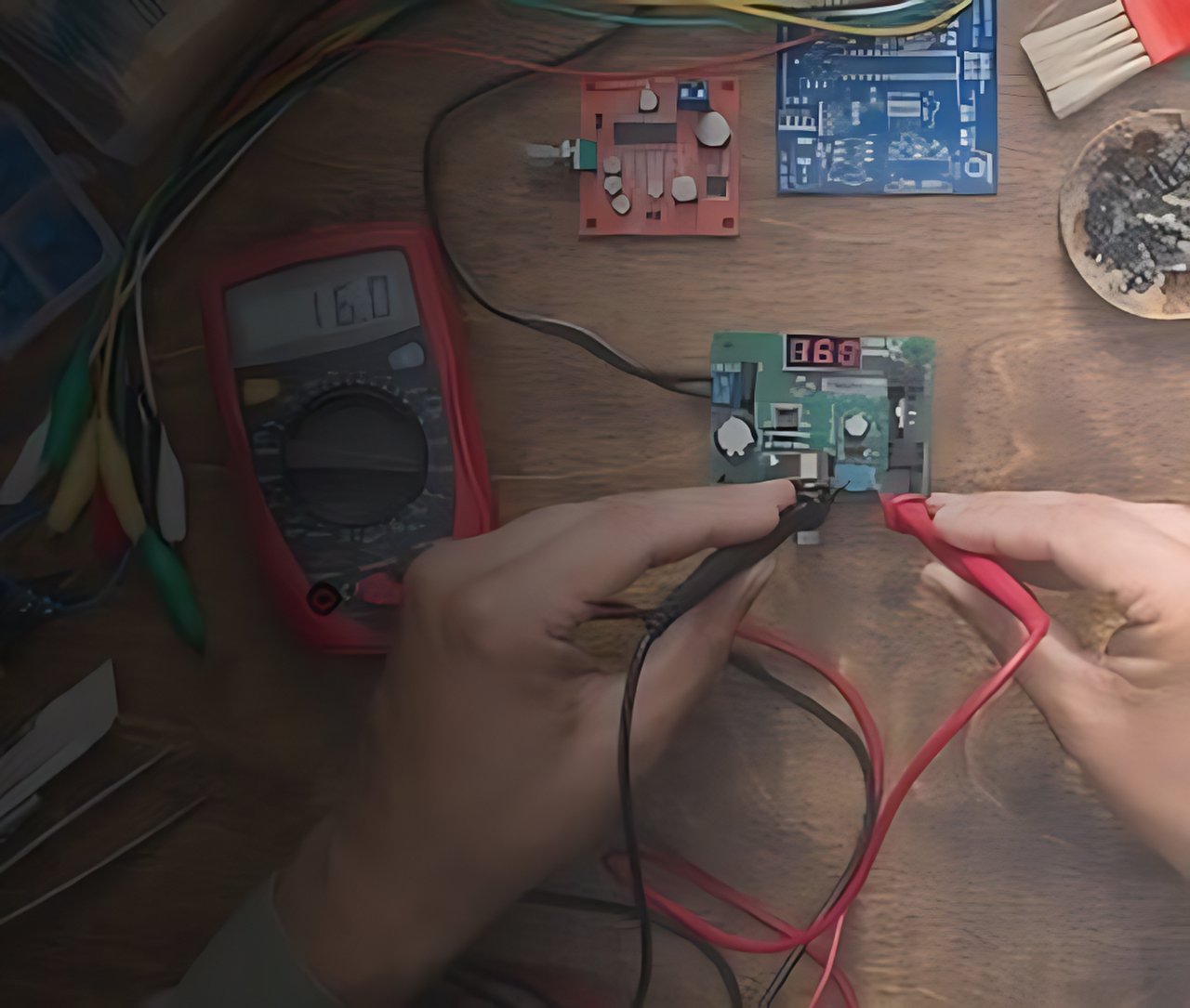 A person uses a multimeter to test a circuit board on a wooden workbench.